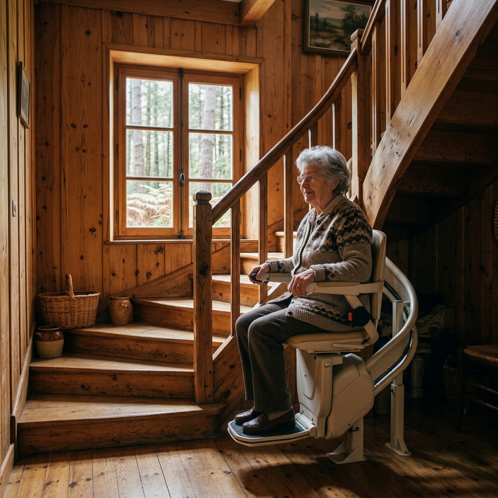Monte-escalier installé dans un intérieur landais en pin